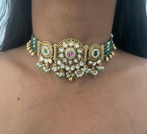 Rajwadi Chic Round Kundan Set With Green Beads