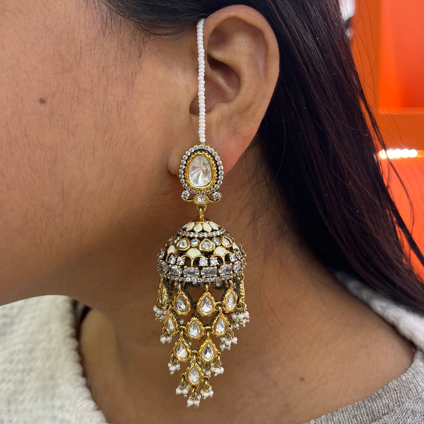 Statement Moissanite Polki Jhumkis with Pearl Shara – Victorian Finish