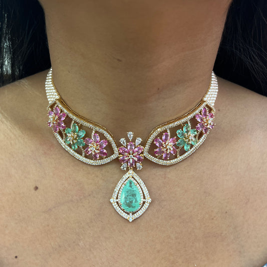 Blush Mint Élégance – Rose Gold Crystal Necklace Set