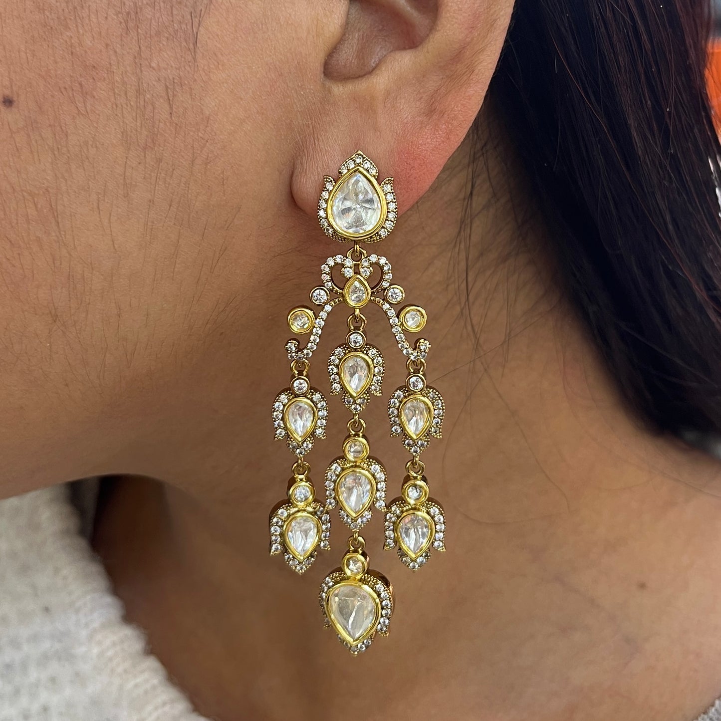 Western Moissanite Polki Three-Line Hanging Earrings – Victorian Finish