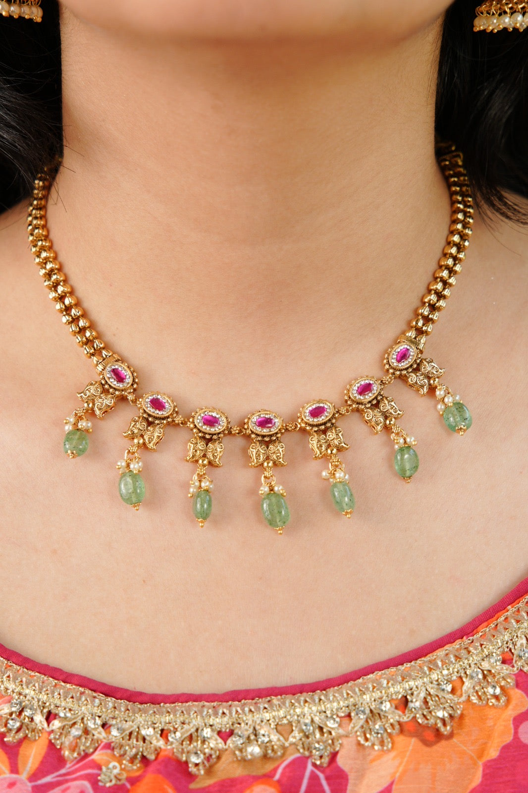 Mintara Ruby Antique Gold Necklace Set