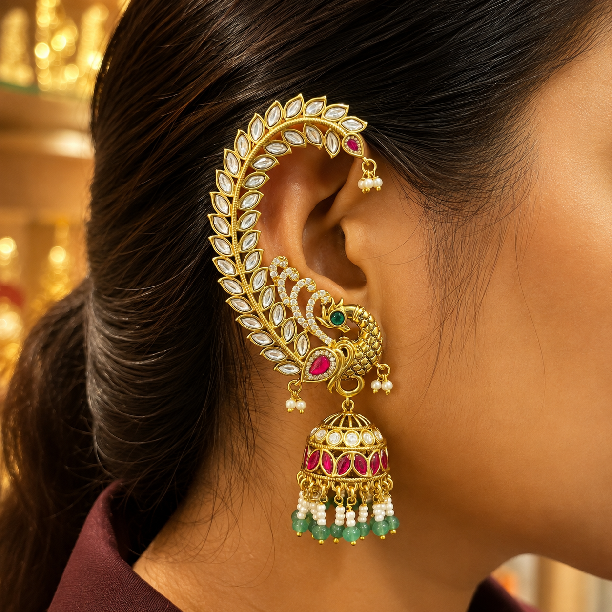 Antique Kemp Kundan Peacock Ear Cuffs
