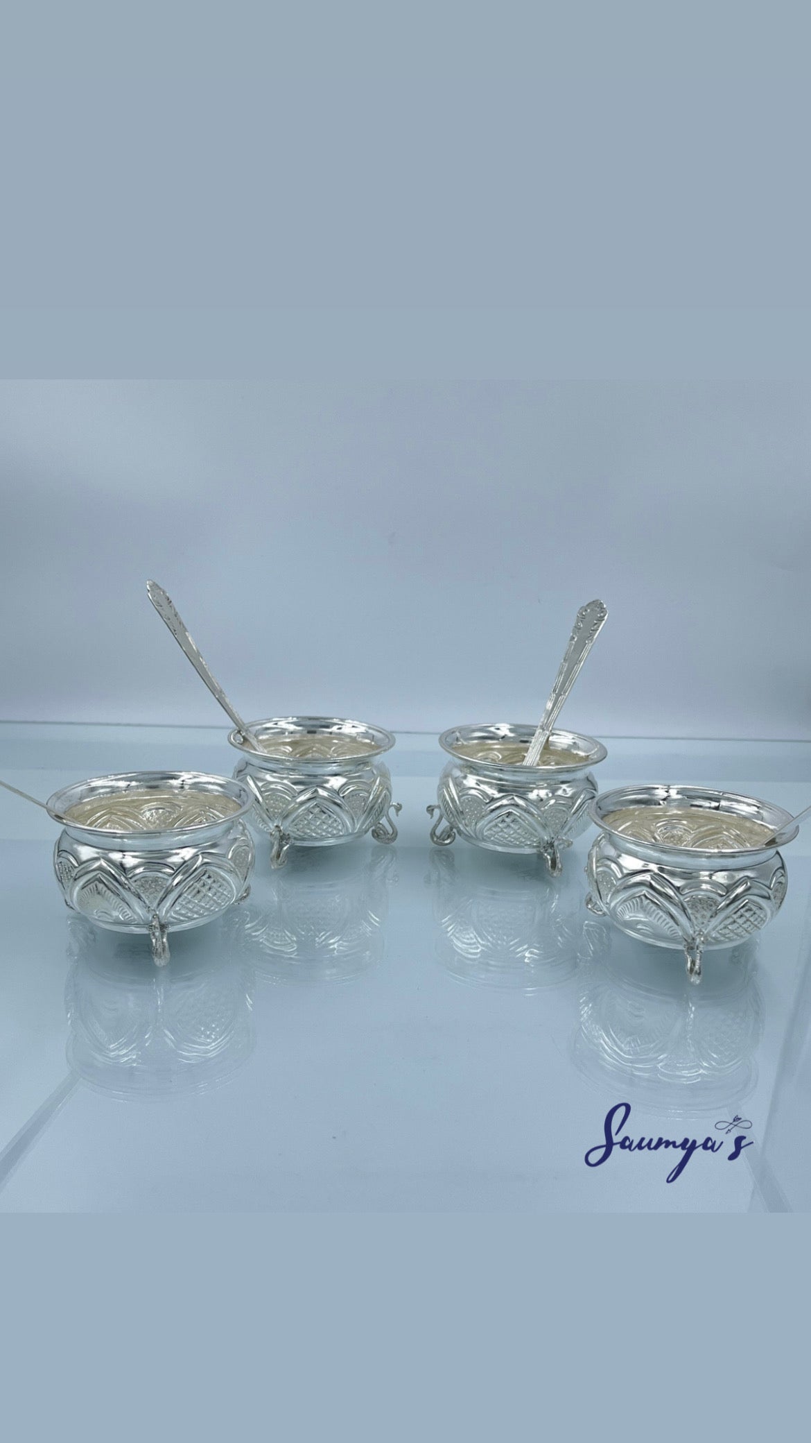 Beautiful Hand Crafted Peacock Design Bowls Set of 4! Crafted in pure silver