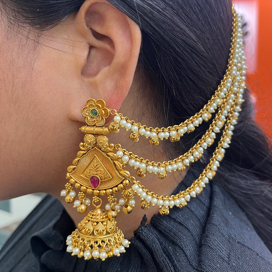 Antique Gold Royal Jhumki with Red & Green Stones and Triple-Line Pearl Shara